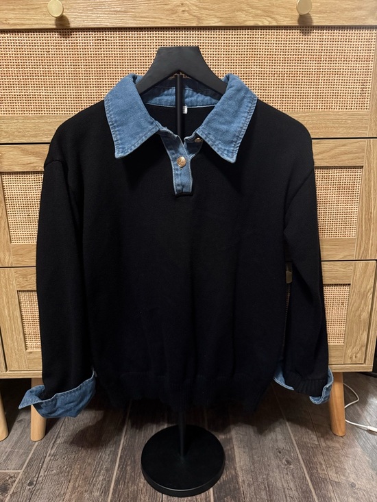Sweaters - Black Crewneck Sweater with Blue Denim Collar